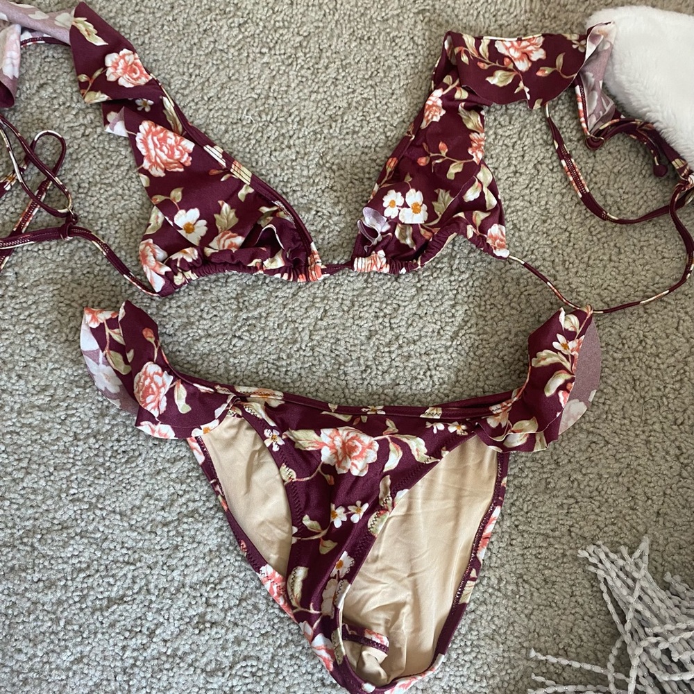 brown pink floral bikini